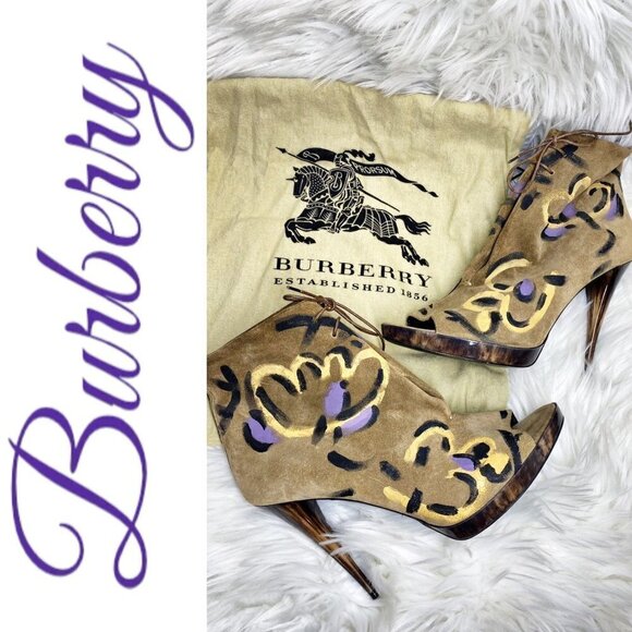 BURBERRY Suede Floral Hand Painted Peep Toe Stiletto Platform Ankle Bootie, Size - Picture 1 of 12